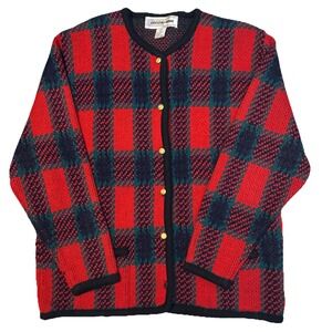 Crystal Kobe Button Knit Red Plaid Cardigan Womens Large Christmas Grandma Tweed